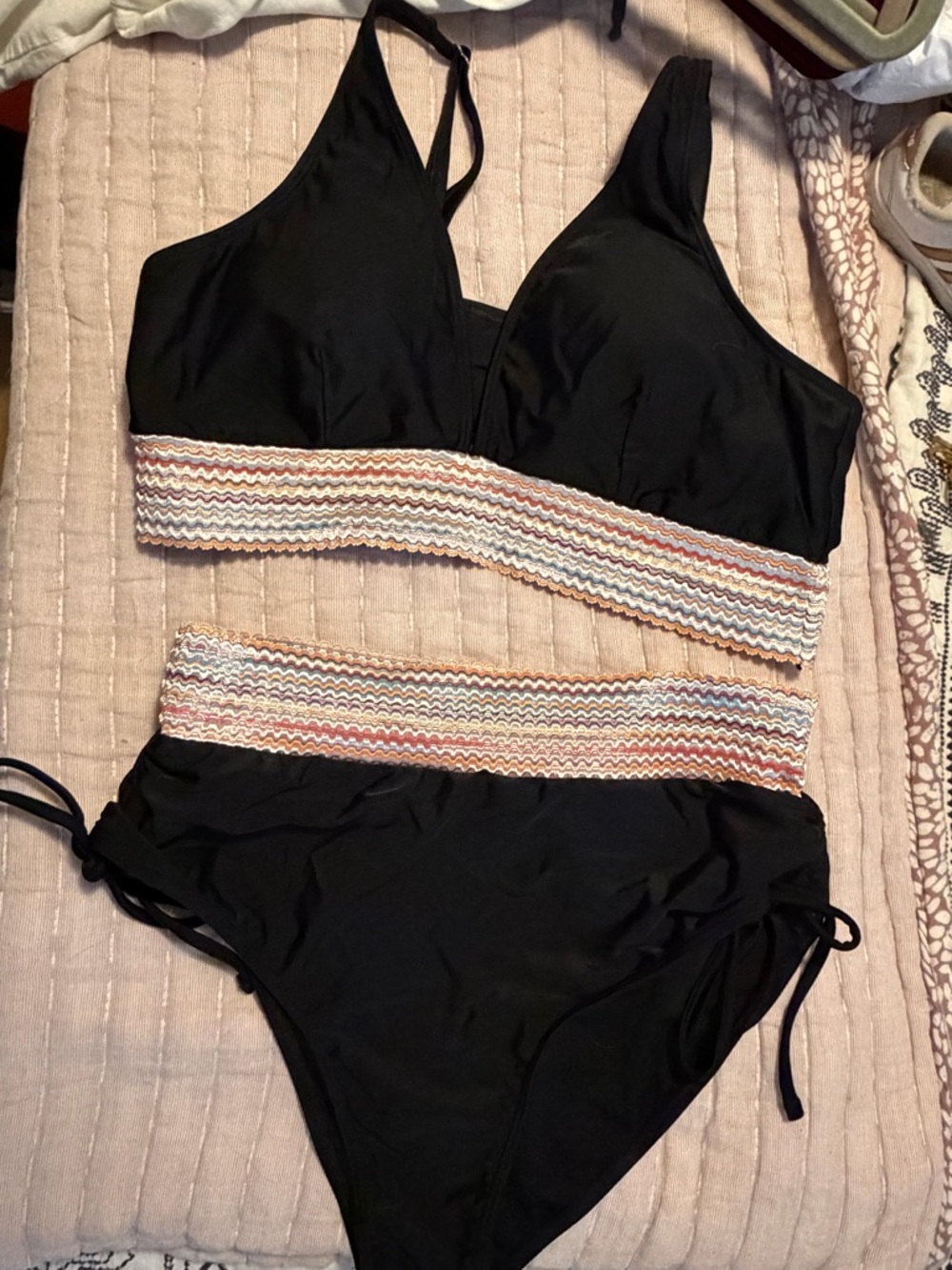 Black Two-Piece Bikini with Multicolor Zigzag Band